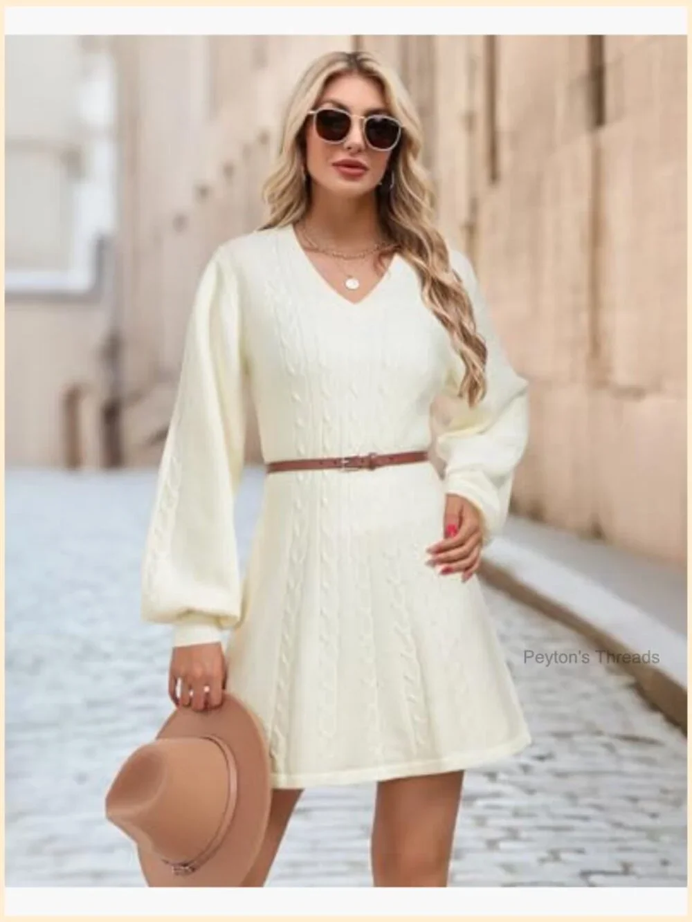 Long Sleeve Cable Knit Sweater Dress V Neck A Line Midi Length